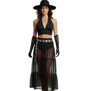 Black Sheer Polka Dot Tiered Maxi Skirt XL